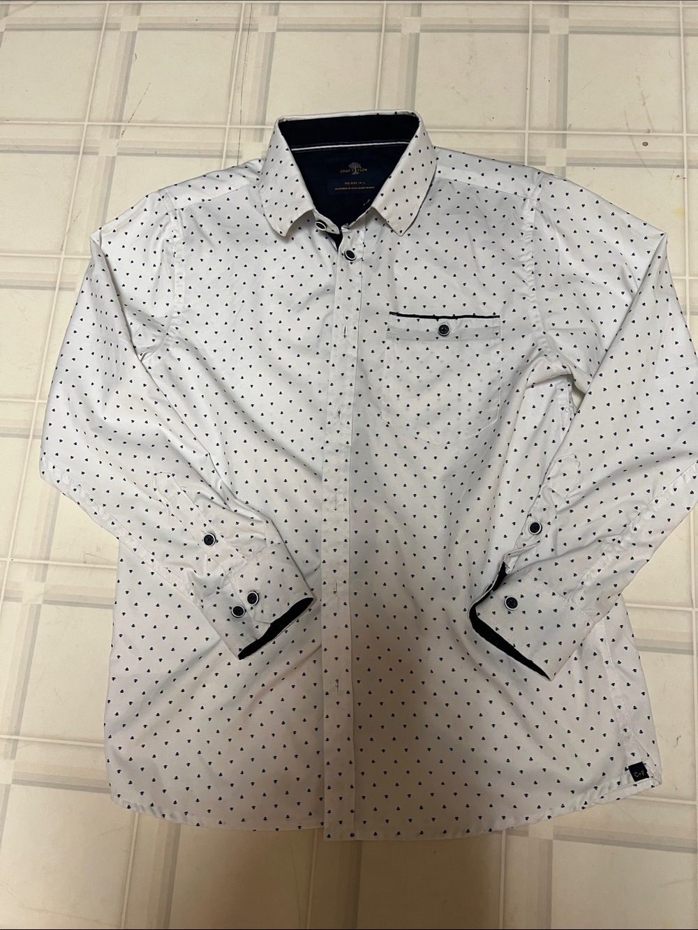 Boys' White Button-Down Shirt with Navy Micro Hearts